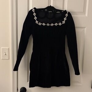 Elegant Black Velvet Dress with Floral Embellishments